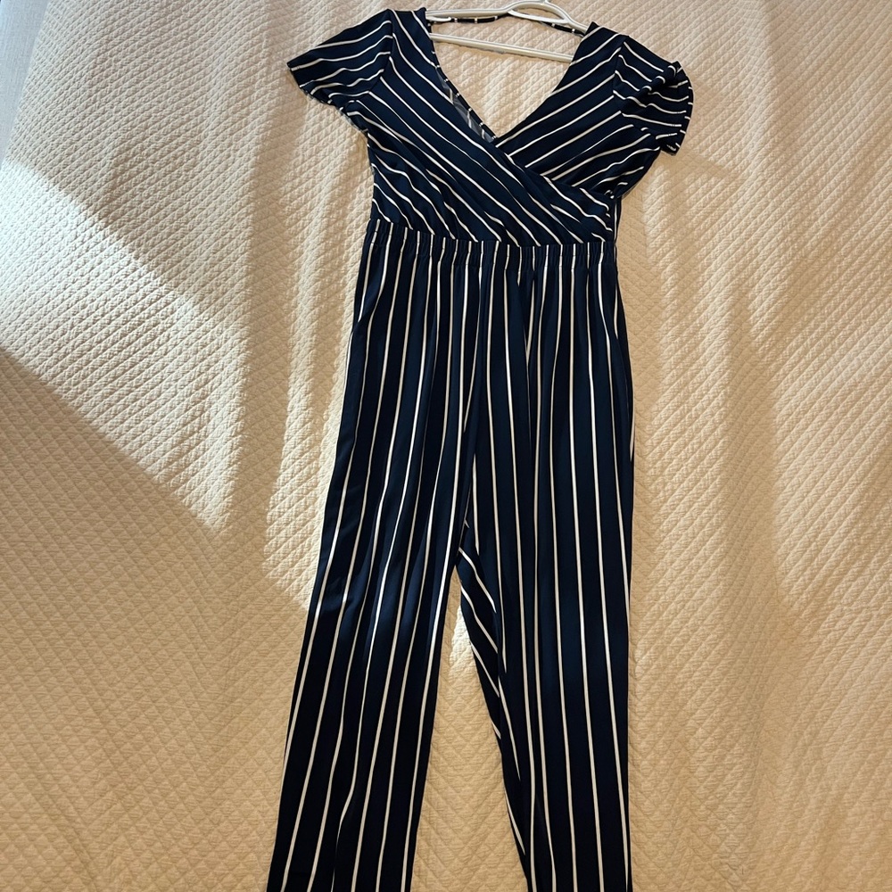 Express Navy and White Striped Jumpsuit